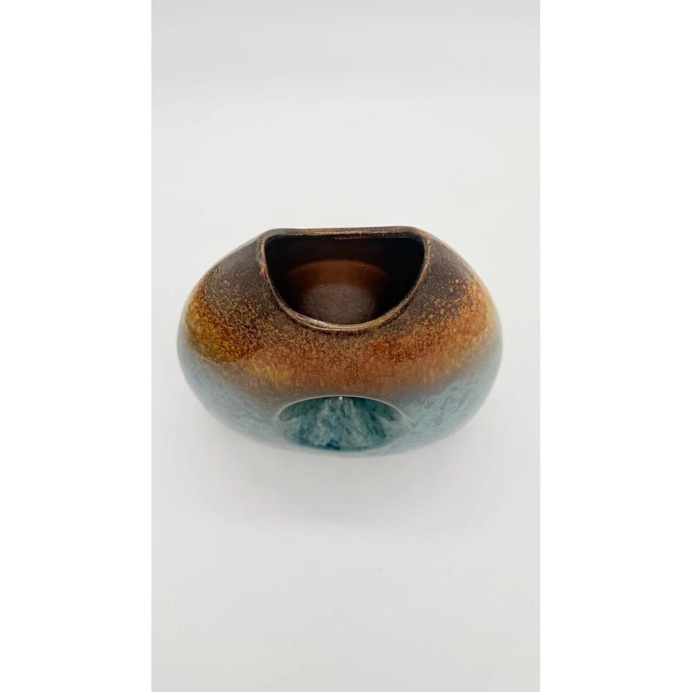 Vintage Ceramic Vase Decoration Piece 8.5 Inches Tall In Brown & Blue Distressed